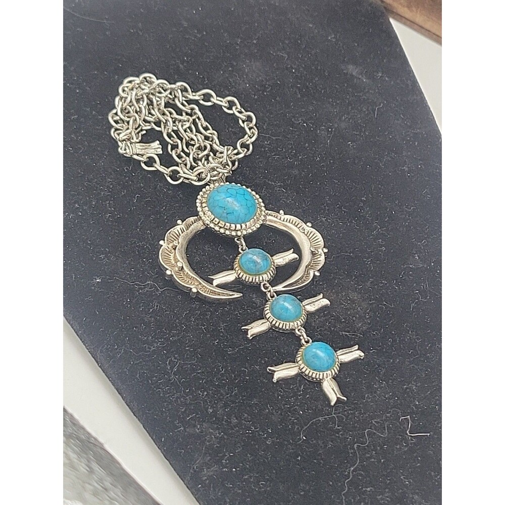 Stunning Vintage Huge Squash Blossom Silvertone Faux Turquoise Cabochon Necklace - Picture 7 of 9